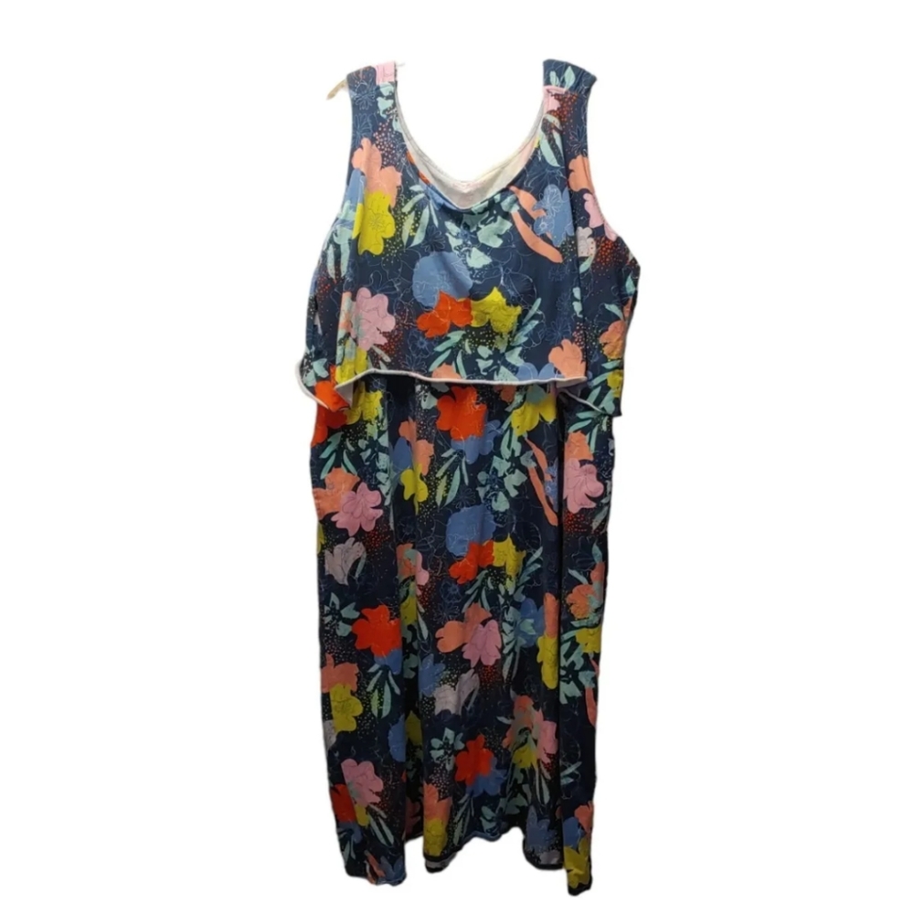 Woman Within Floral Blue Tank Overlay Maxi Dress Pockets Spring Plus Sz 26/28W